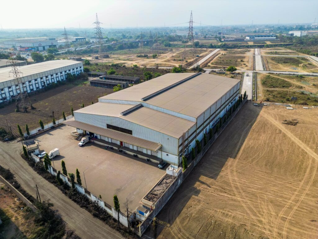 Full aerial drone view of Bhagyashree Logistics warehouse showing complete facility layout in Gujarat