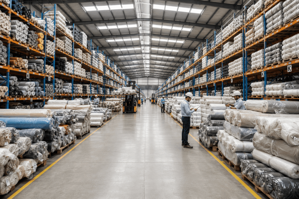 Textile warehousing in Surat with racking for fabric rolls and yarn storage
