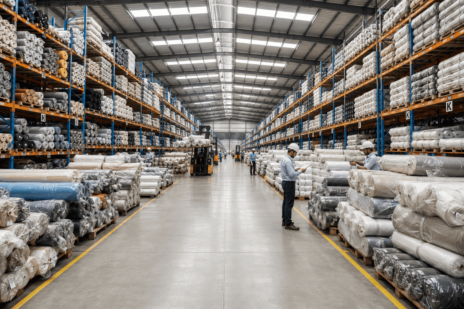 Textile warehousing in Surat with racking for fabric rolls and yarn storage